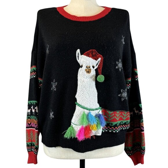 Holiday Time Womens Black Llama Christmas Sweater Hat Tassel Embellished Size XL - Picture 1 of 15